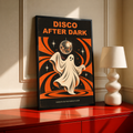 Ghost dancer disco poster with disco ball and orange swirl graphics on dark background