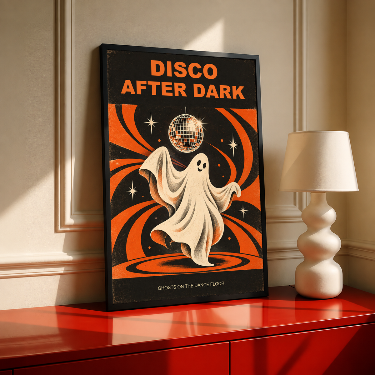Ghost dancer disco poster with disco ball and orange swirl graphics on dark background