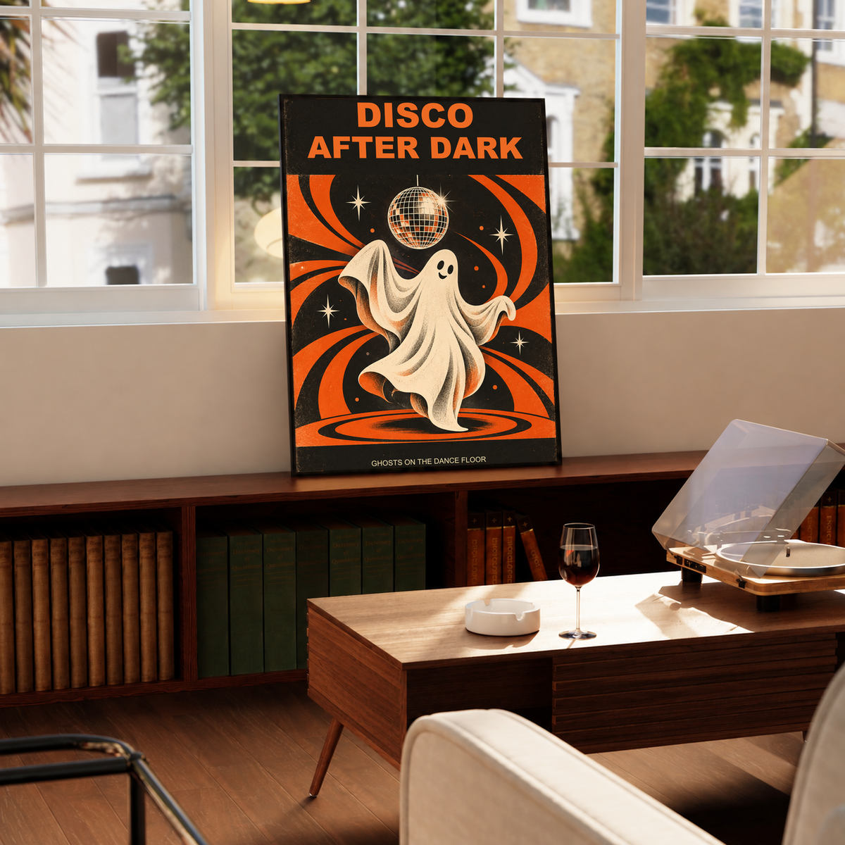 Ghost dancer disco poster with disco ball and orange swirls on dark background