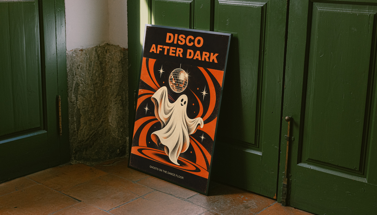 Ghost dancer disco poster with disco ball and orange swirls, leaned by green doors