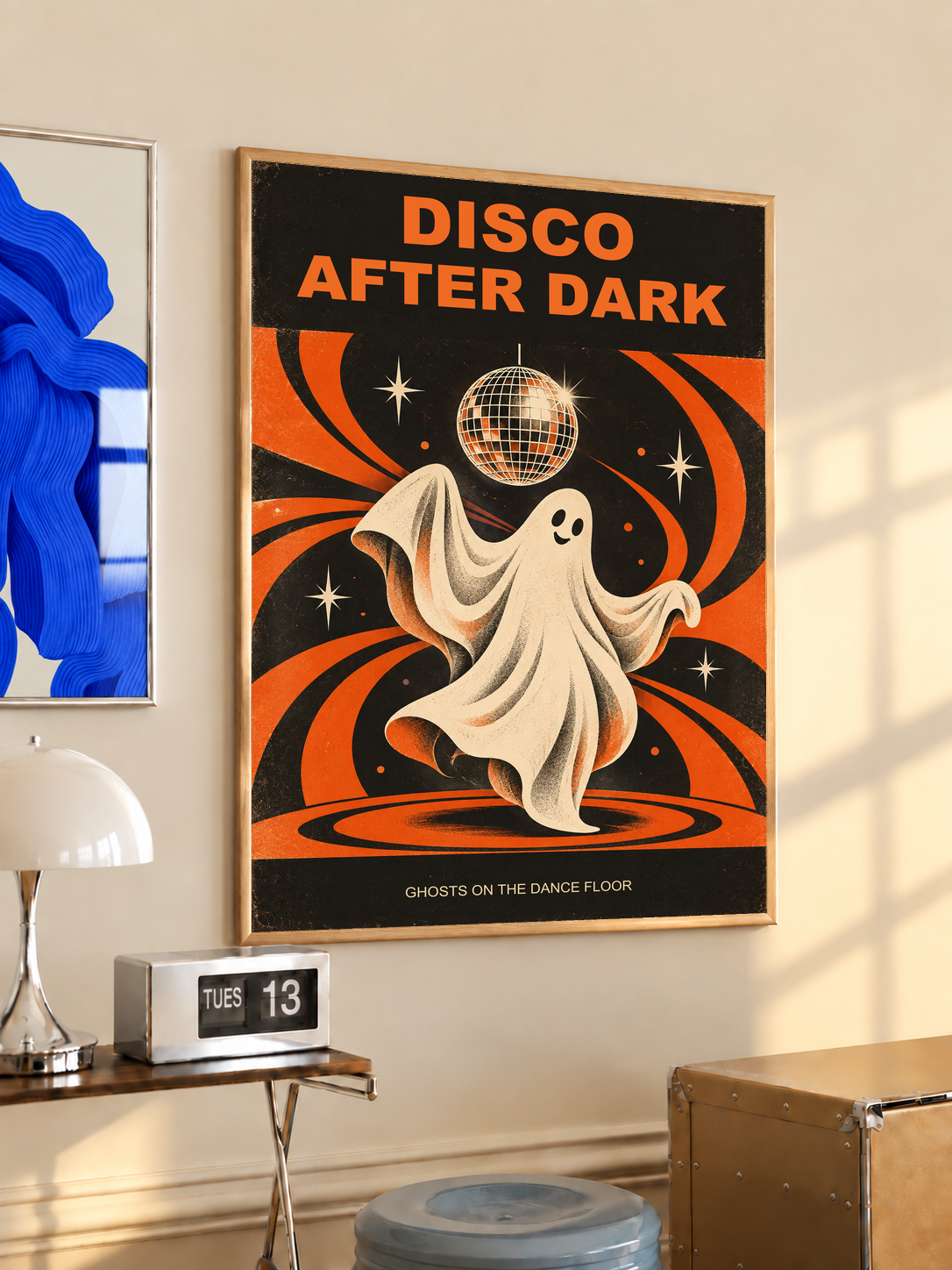 Ghost dancer poster with disco ball and orange retro swirls, in black frame