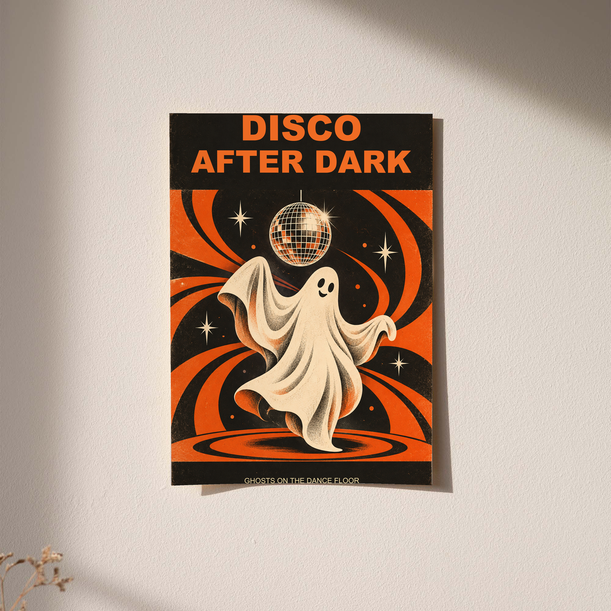 Ghost dancer poster with disco ball and orange swirl design, on light wall