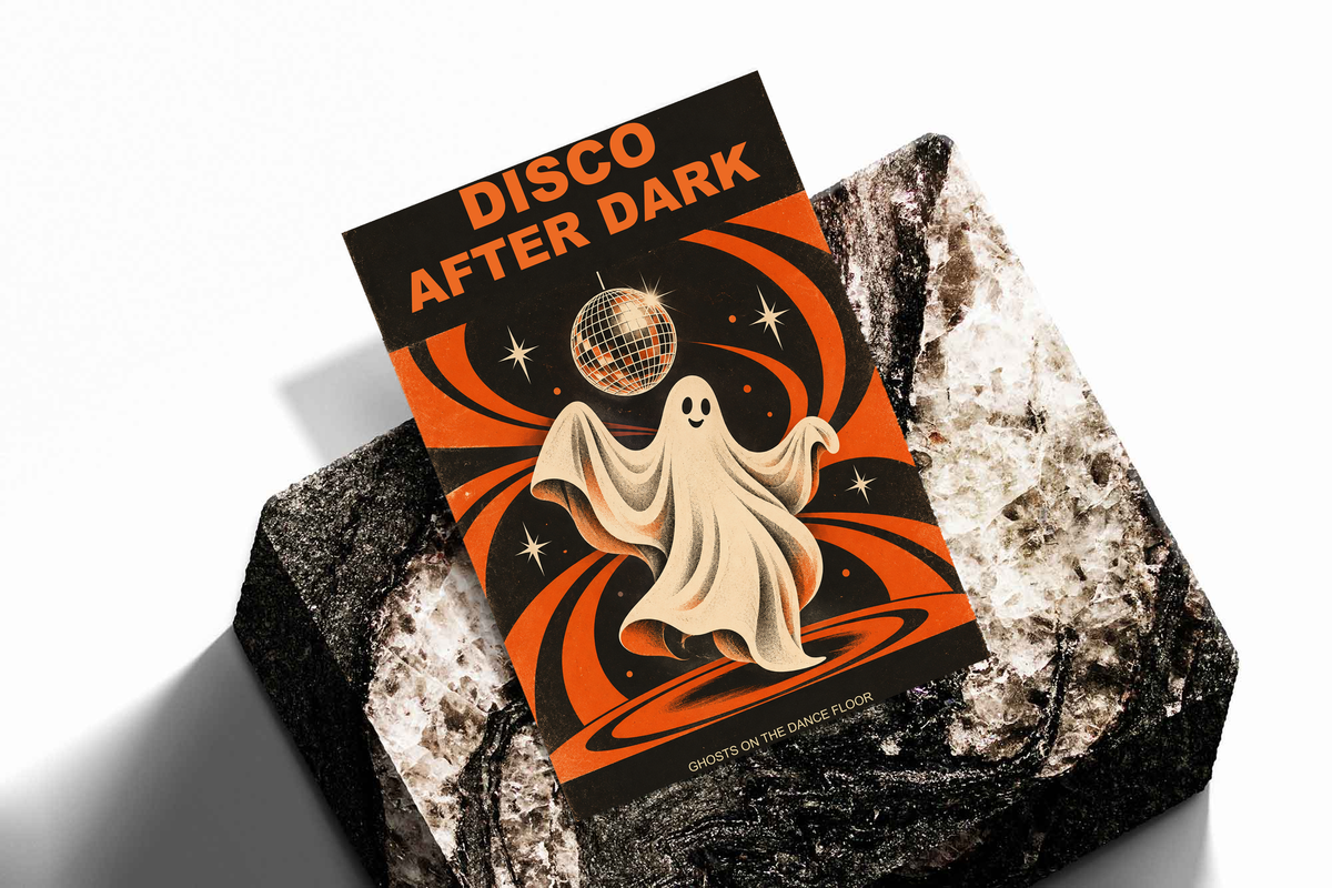 Ghost dancer poster with disco ball and orange swirls, on speckled dark fabric