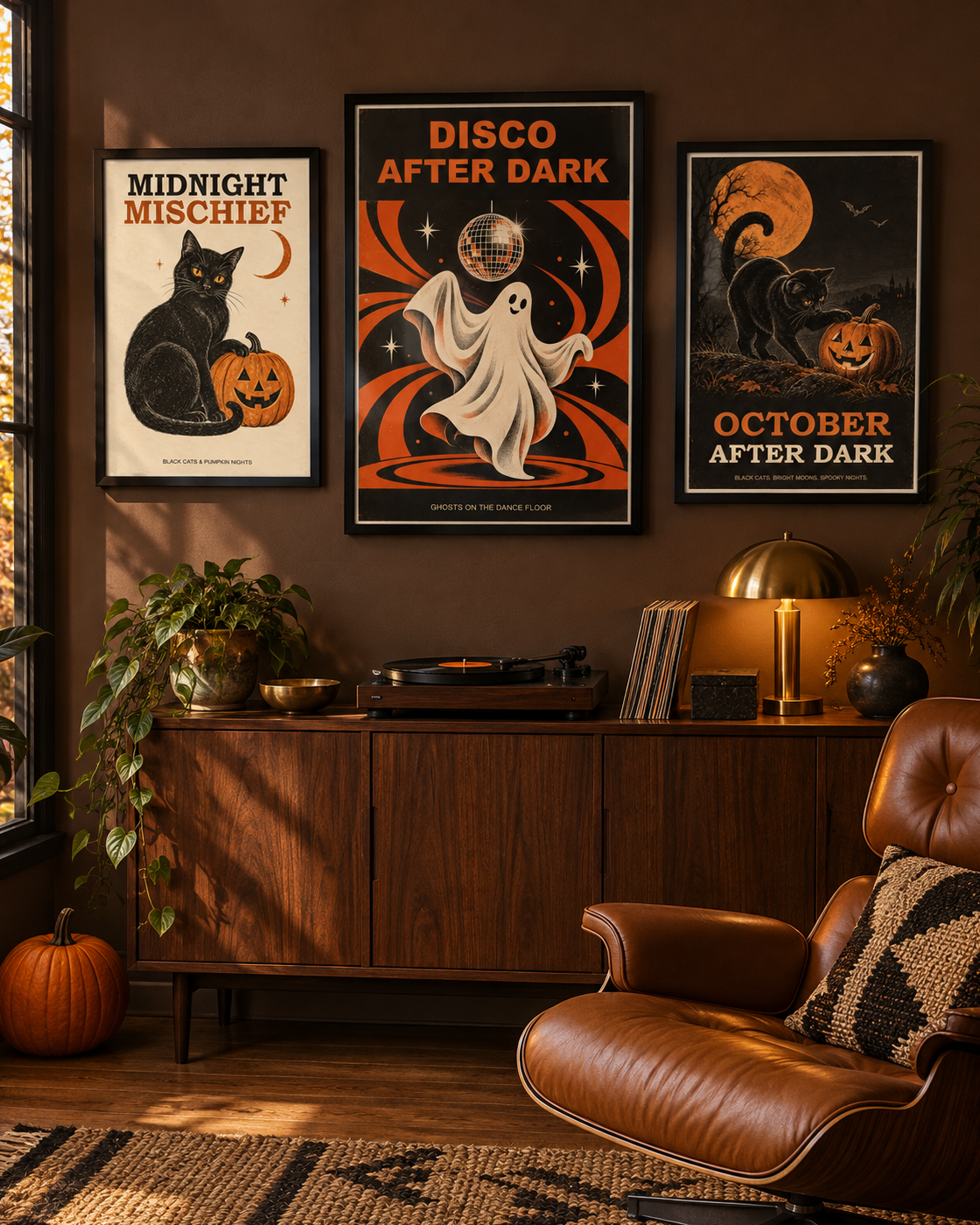 Halloween gallery wall set of 3 framed art prints with cats, pumpkins, and bats