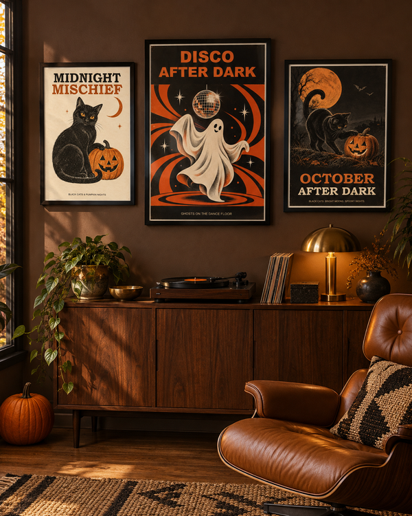 Halloween gallery wall set of 3 framed art prints with cats, pumpkins, and bats