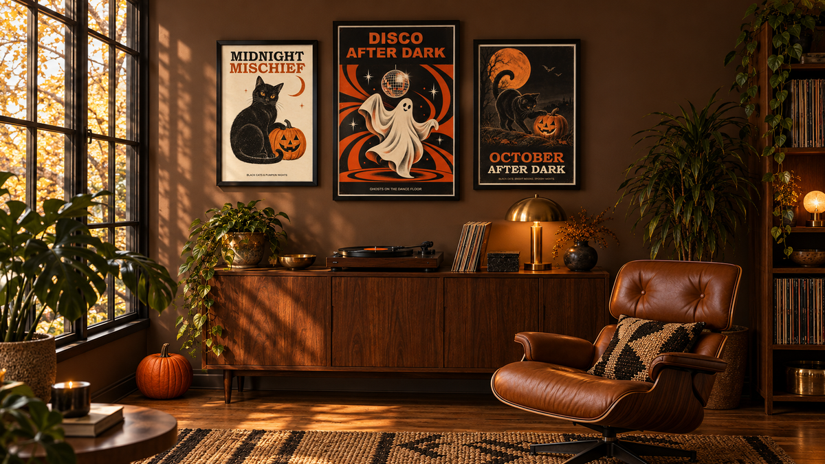 Halloween gallery wall set of 3 framed art prints featuring cats, pumpkins, and spooky scenes