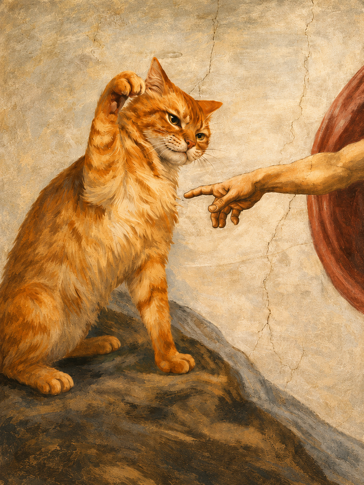 Wall art print featuring orange cat beside outstretched hands on textured background