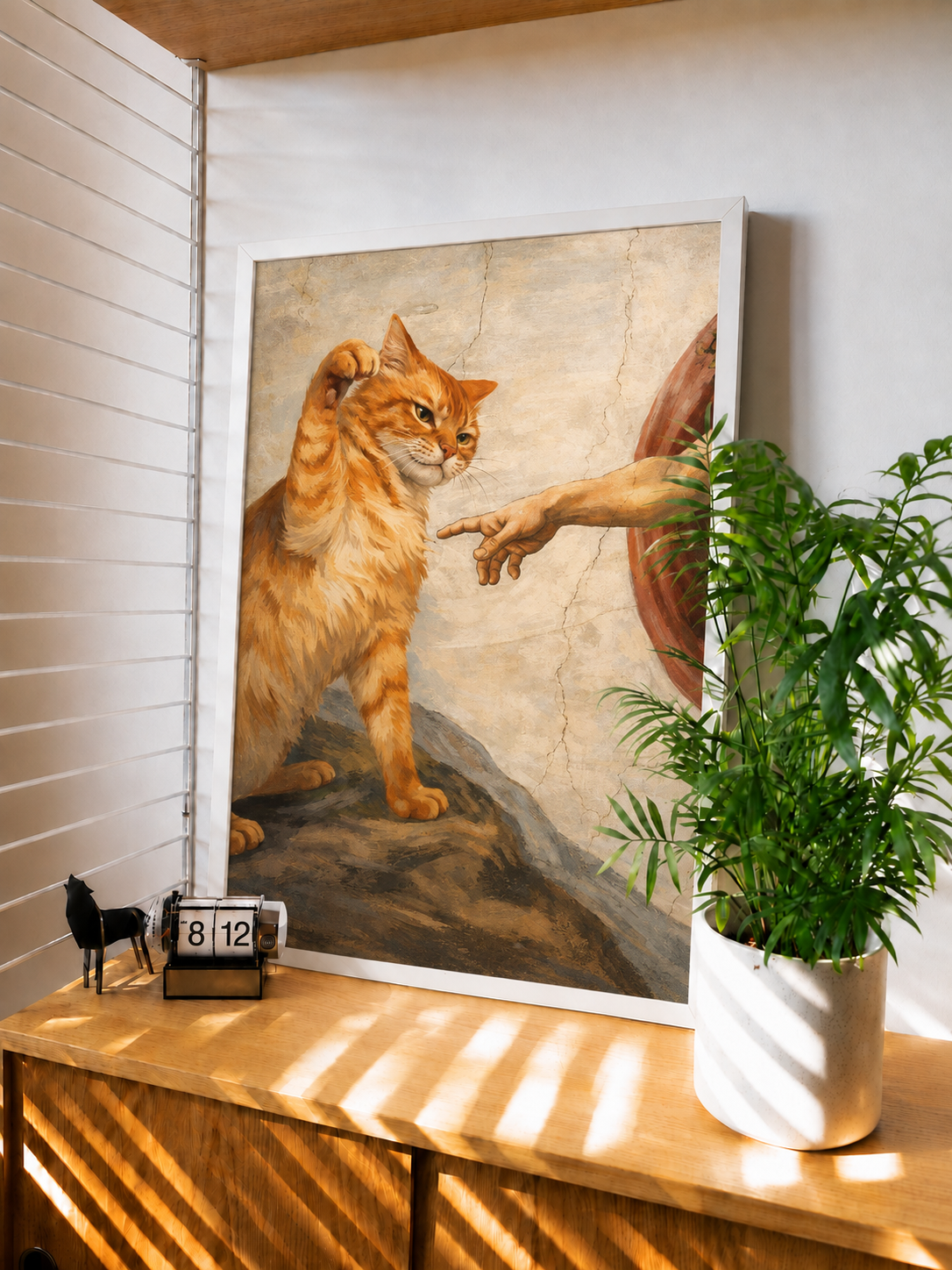 Framed wall art print with orange cat and outstretched hands, light wood frame