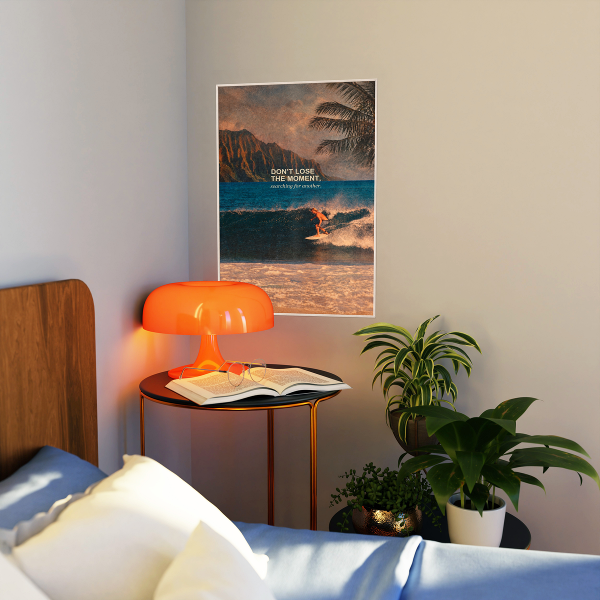 Surfer on a teal wave below warm sunset sky and palm fronds; artwork styled in a living room