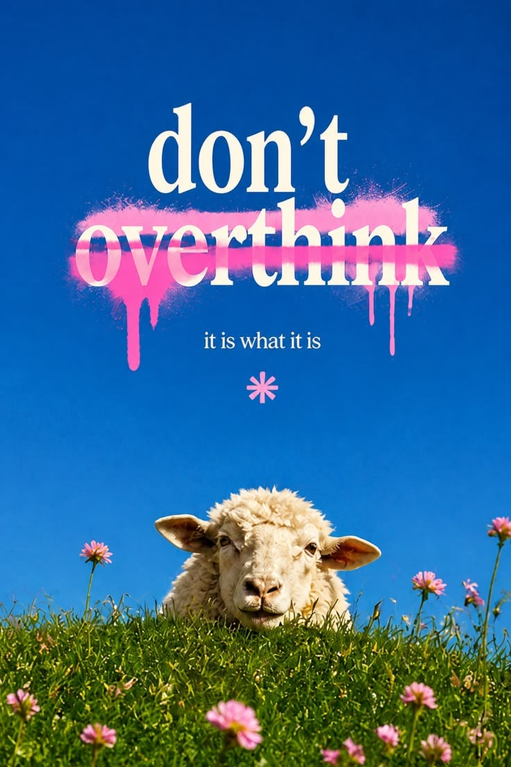 Meadow wall art close-up with sheep, pink flowers, and “don’t overthink” text