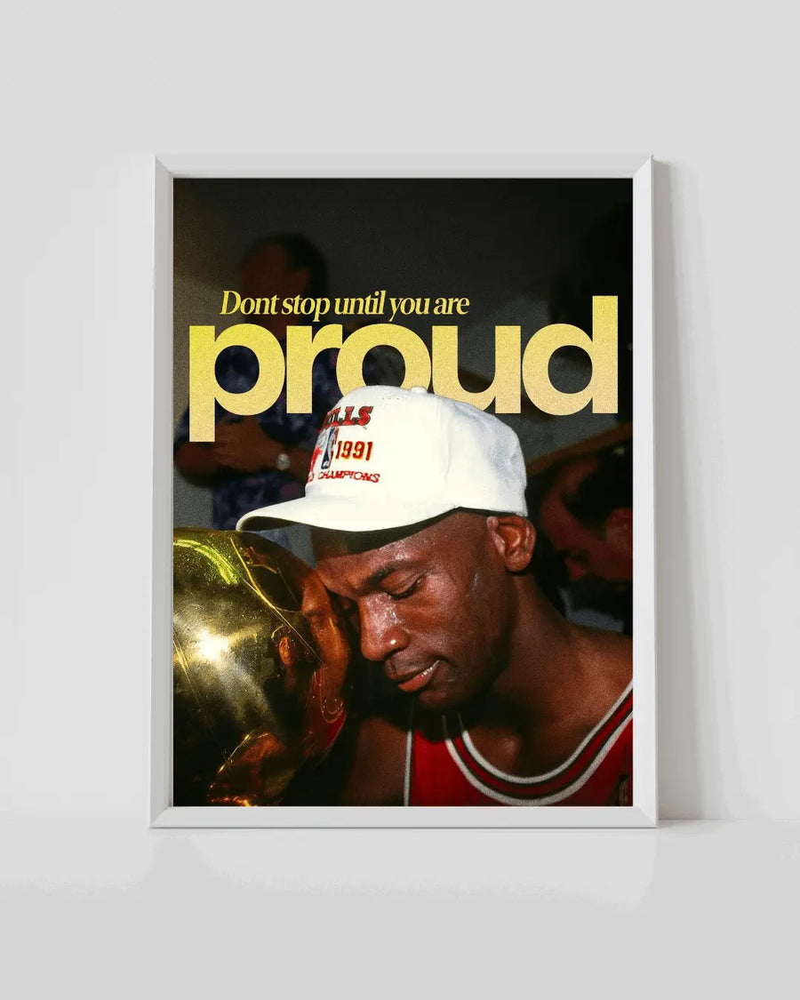 Framed basketball poster with proud text over close-up player in cap and red jersey