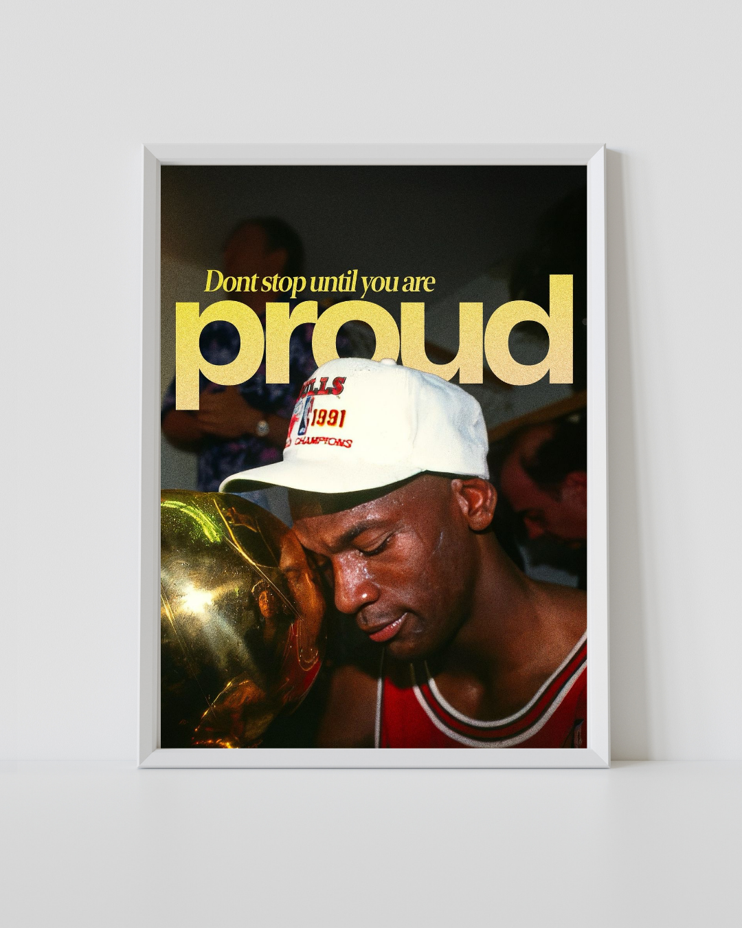 Motivierendes Basketball-Champions-Poster mit dem Text „Hör nicht auf, bis du stolz bist“ in weißem Rahmen
