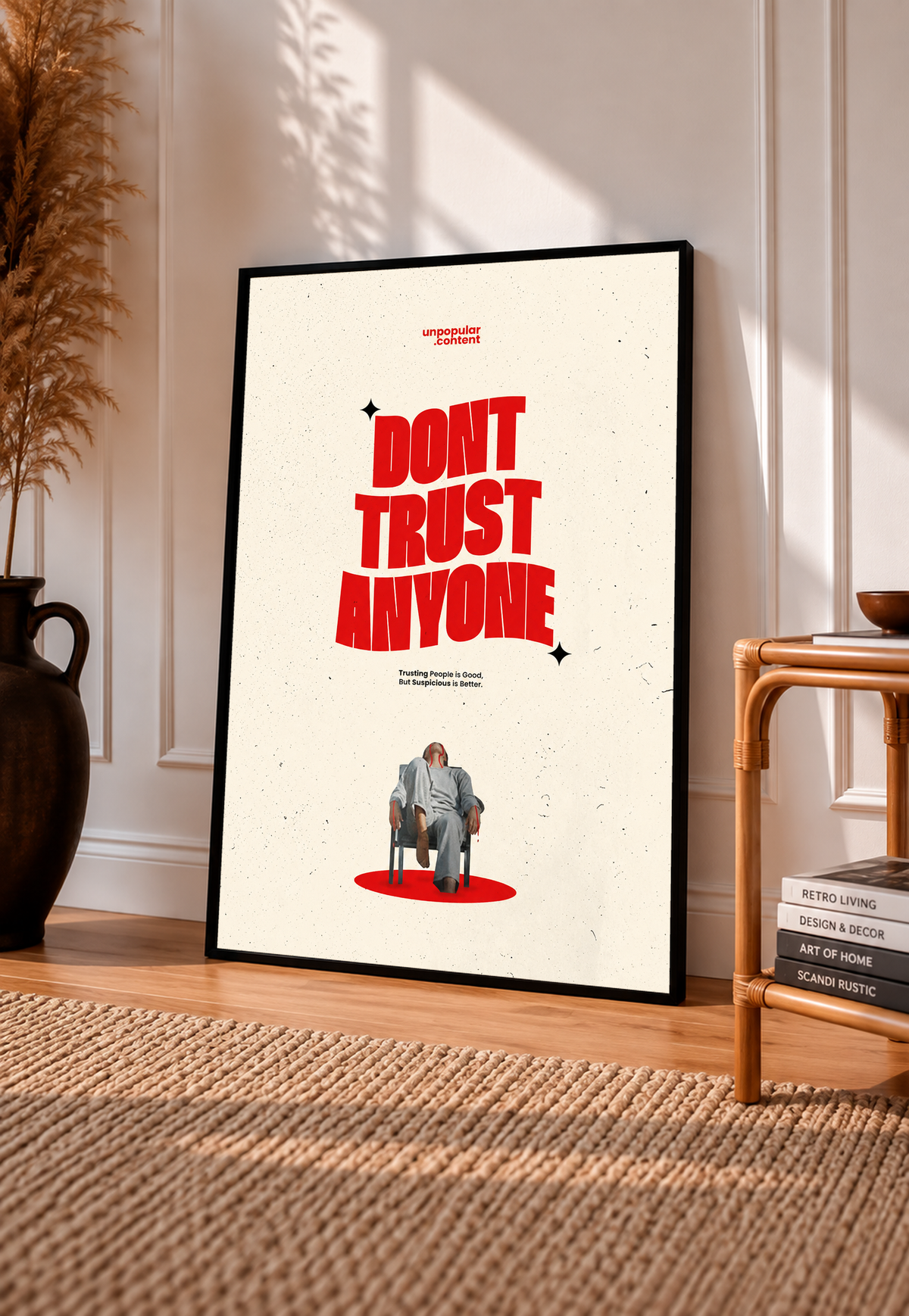 Bold red Don't Trust Anyone typography above a small seated figure on cream in a black frame leaning on a sunlit floor beside a rattan chair