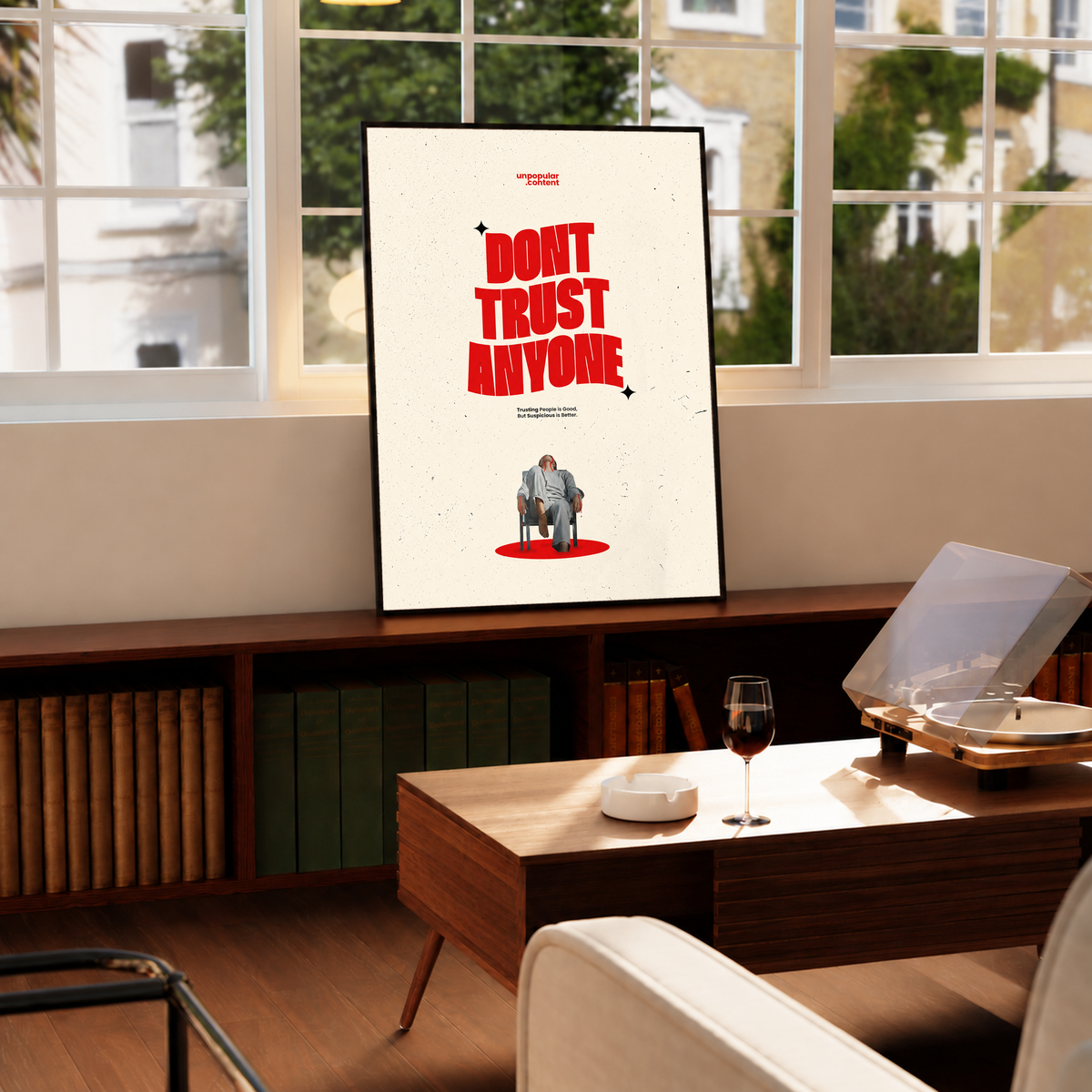 Bold red Don't Trust Anyone typography above a small seated figure on cream in a black frame by a bright window above a record player