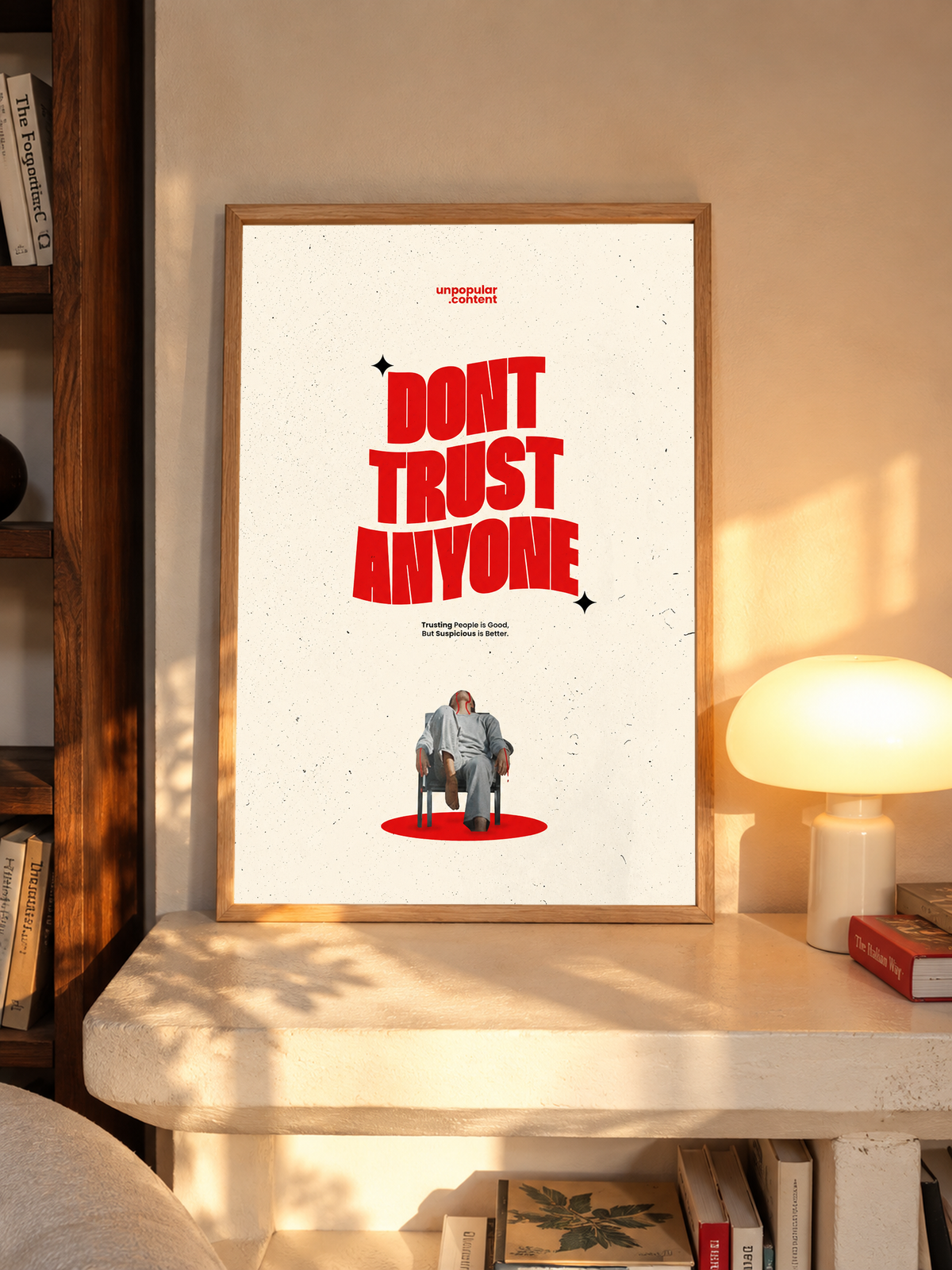 Bold red Don't Trust Anyone typography above a small seated figure on cream in an oak frame above a pale wooden sideboard beside a glowing lamp