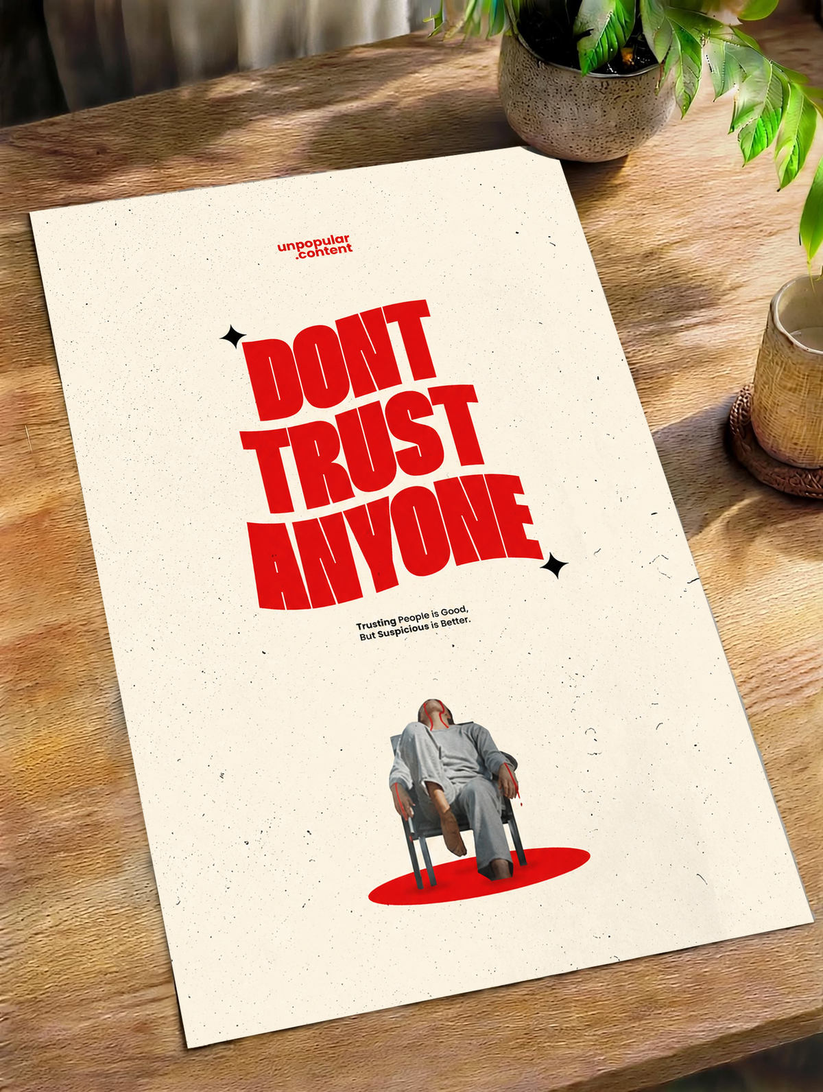 Bold red Don't Trust Anyone typography above a small seated figure on cream as an unframed poster lying on a wooden table beside a plant