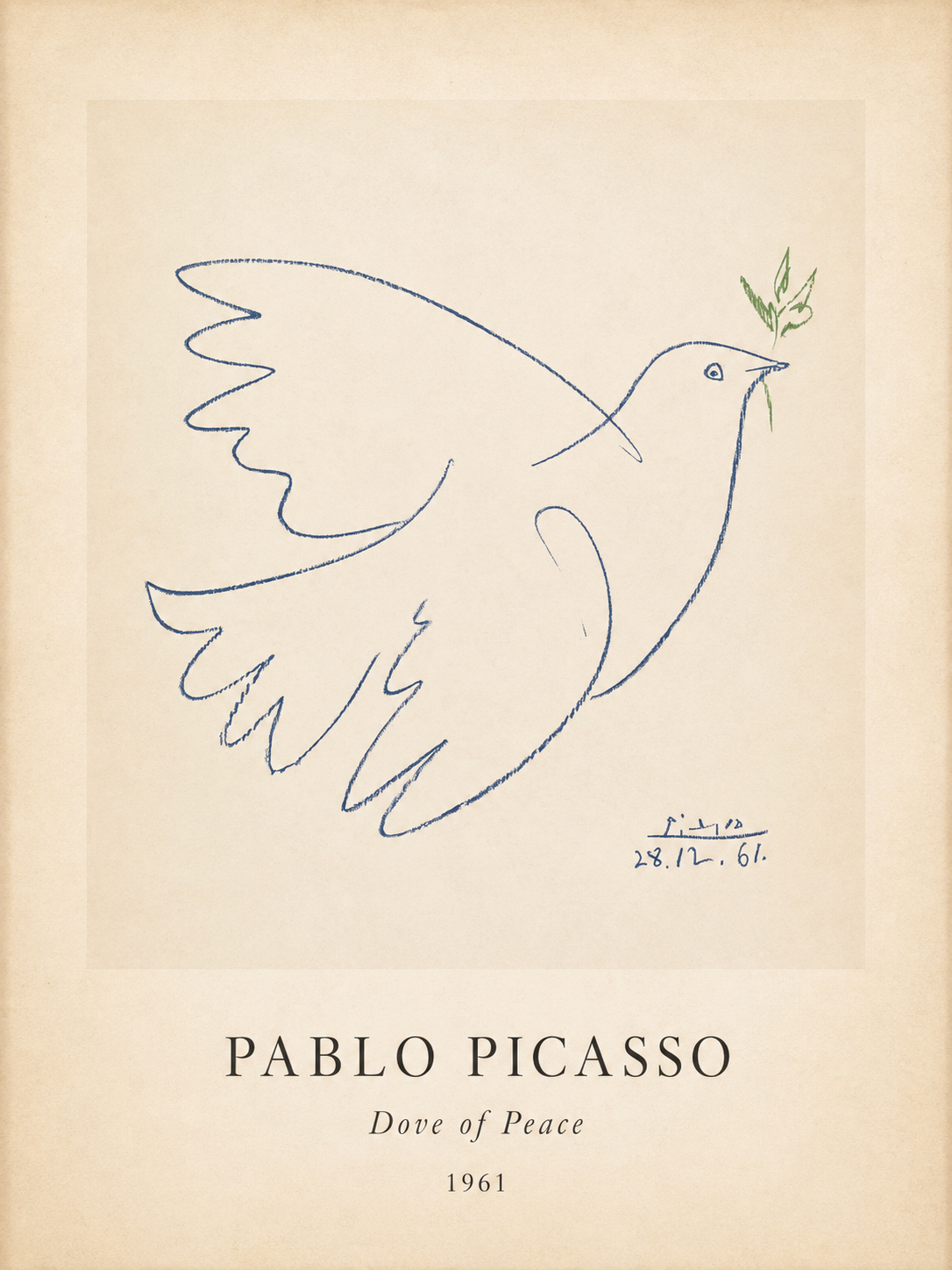 Dove of Peace art print by Pablo Picasso, blue dove drawing on light beige background