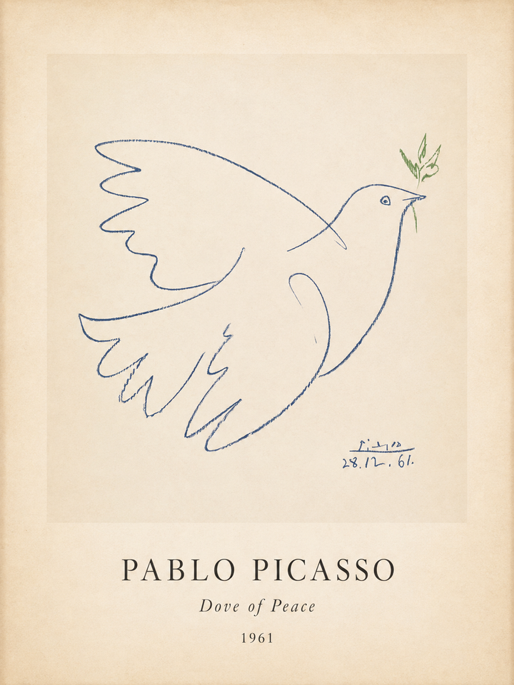 Dove of Peace art print by Pablo Picasso, blue dove drawing on light beige background