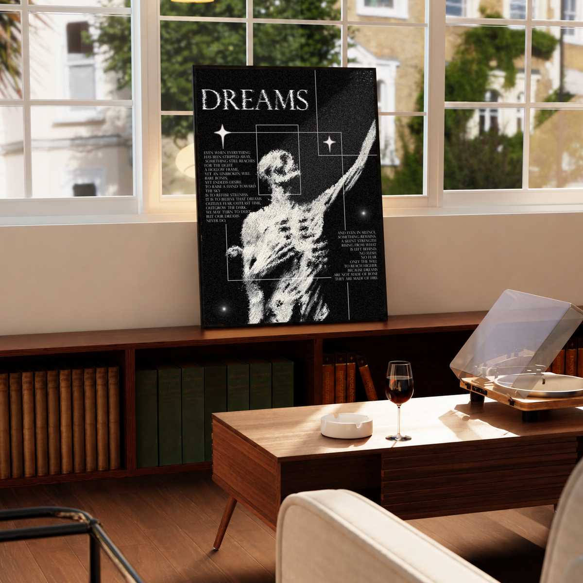 Black and white surreal figure poster wall art, portrait layout with text