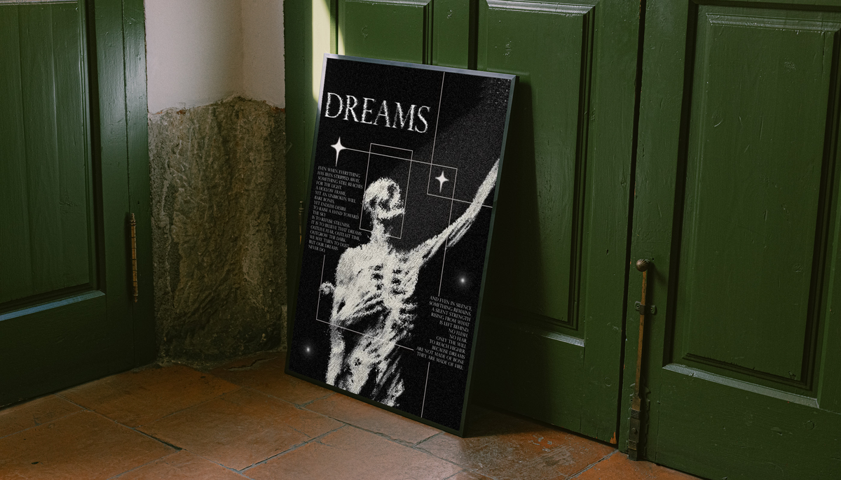 Dreams Surreal Figure Poster shown as a canvas leaning beside green panels on a wooden floor.