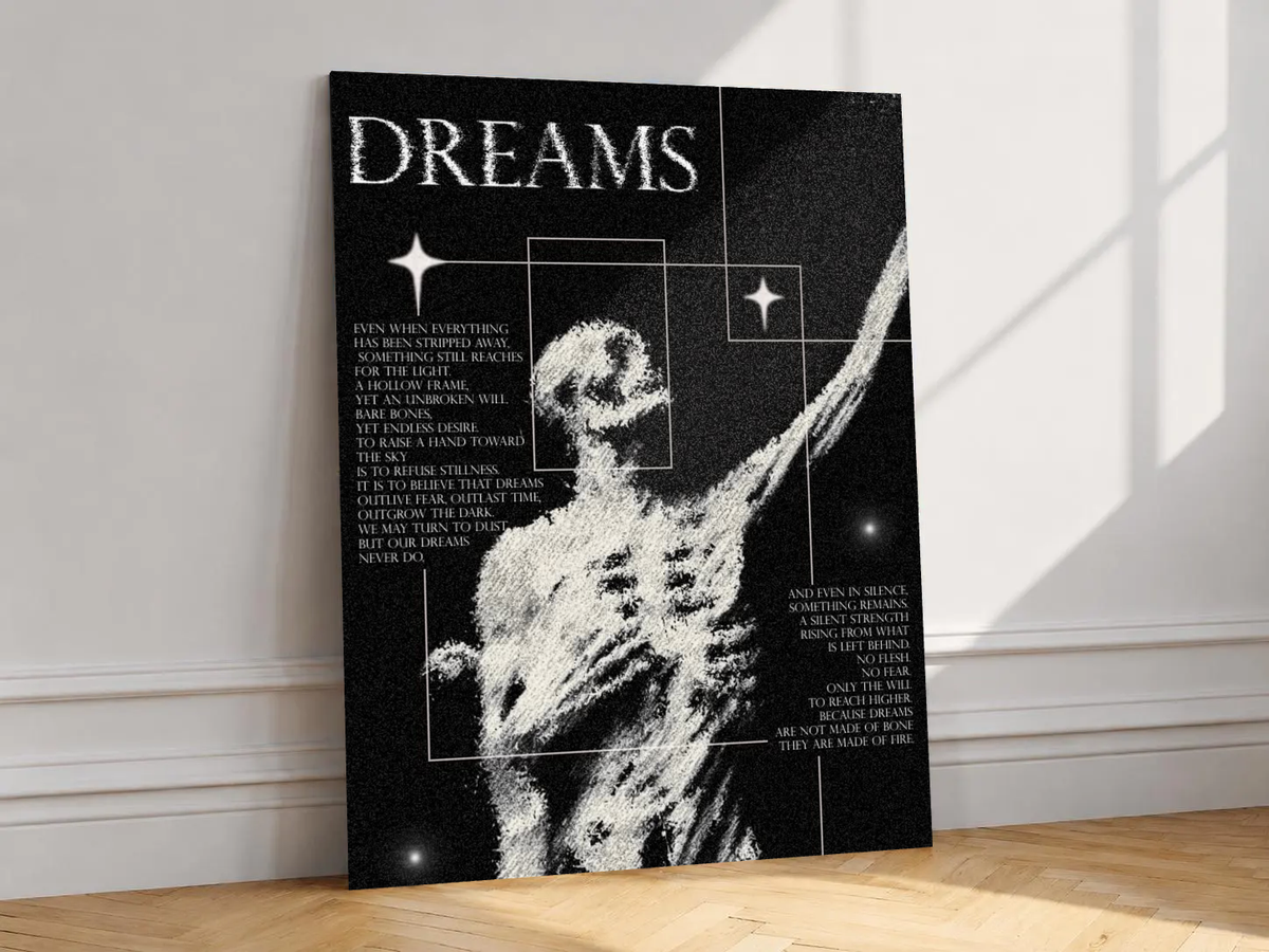Canvas artwork depicting ghostly human figure with an outstretched arm and DREAMS typography, leaning against a white wall in angled sunlight.