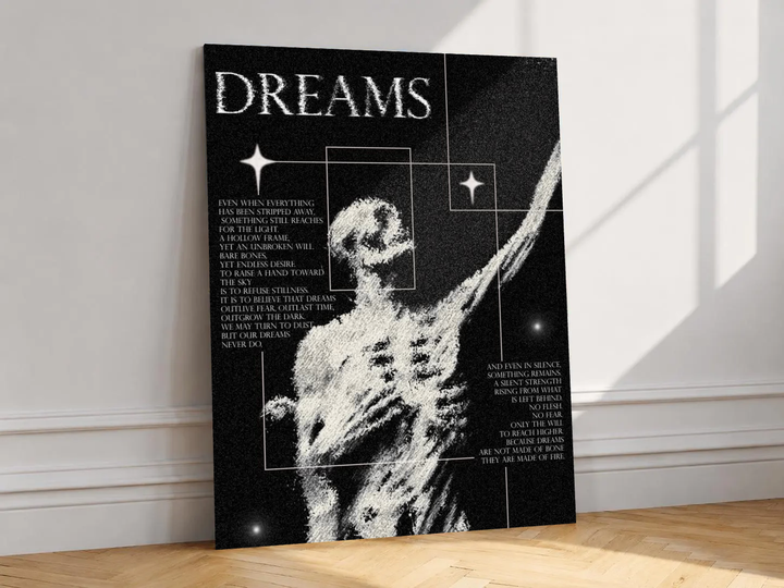Canvas artwork depicting ghostly human figure with an outstretched arm and DREAMS typography, leaning against a white wall in angled sunlight.