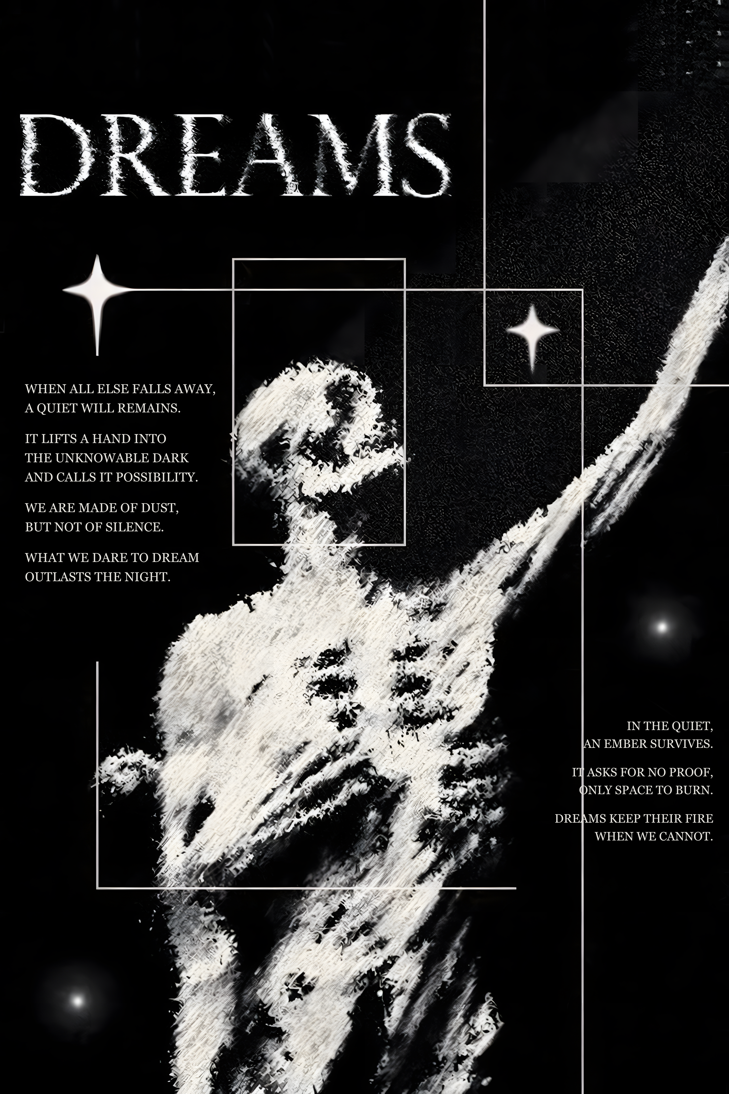 Black and white surreal figure poster wall art close-up with DREAMS heading