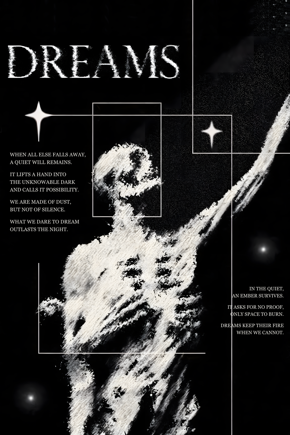 Ghostly human figure with an outstretched arm and dreams typography in black, white, gray with DREAMS lettering.