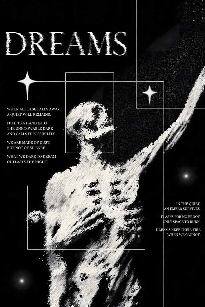 Ghostly human figure with an outstretched arm and dreams typography in black, white, gray with DREAMS lettering.
