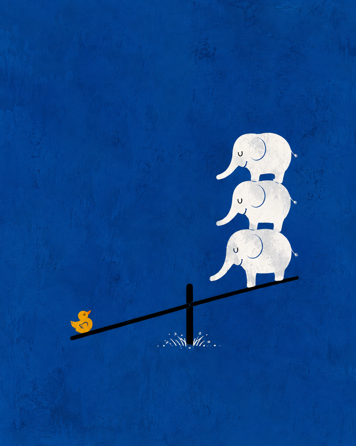 Close-up blue wall art with three white elephants on black seesaw and yellow coin