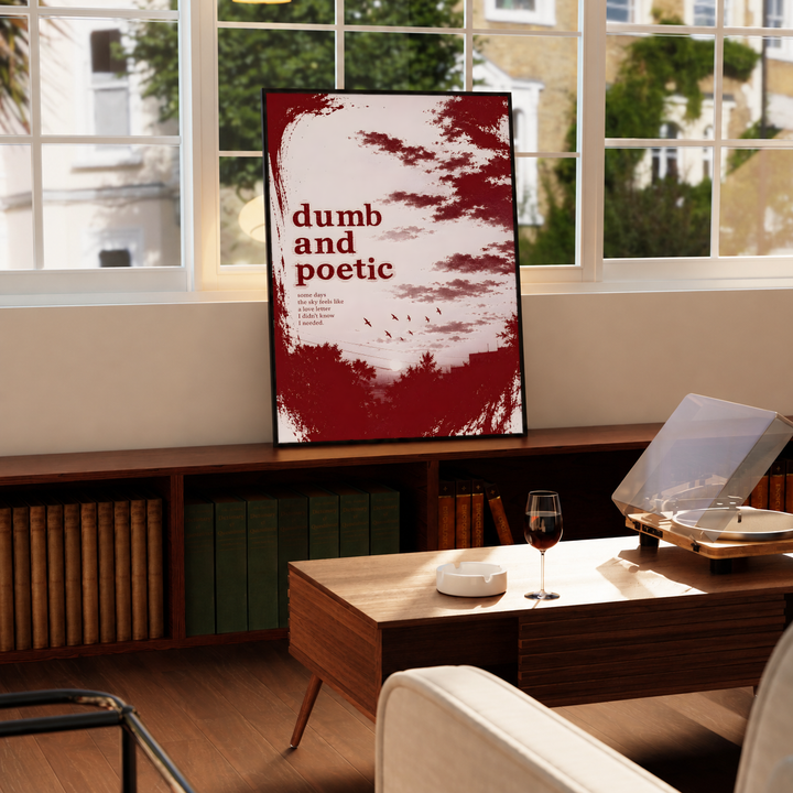 Dumb and poetic burgundy distressed lettering over pale pink clouds with birds and tree silhouettes, styled in a black frame above a wood console with books and a record player