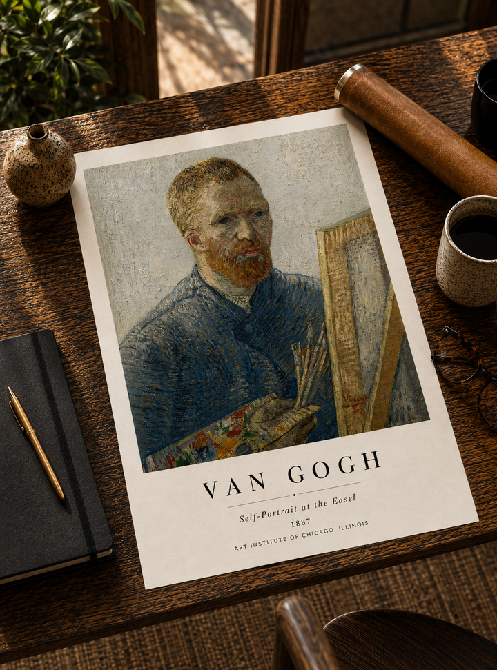 Museum quality Van Gogh Self Portrait artwork showcasing the artist in a blue jacket with a painter's palette.