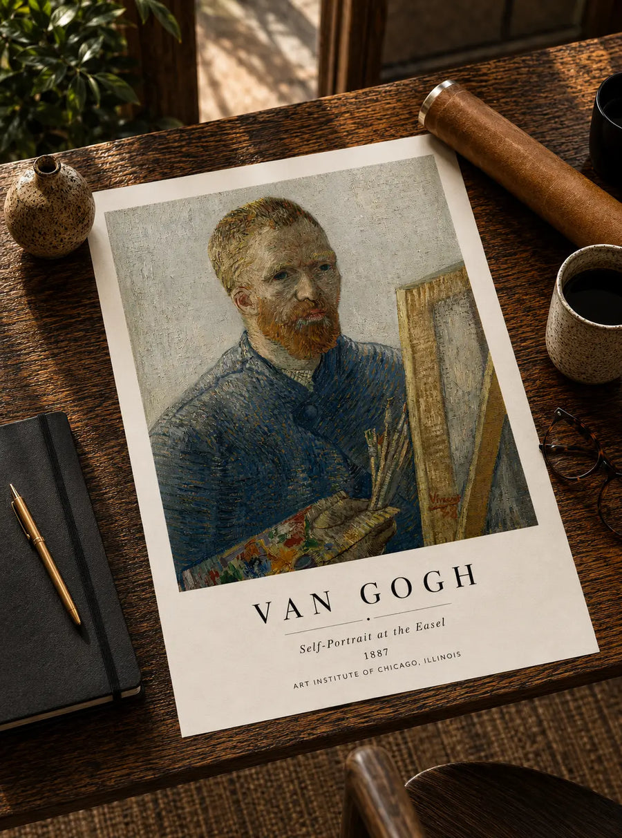 Van Gogh self-portrait print: elderly man in blue holding an easel