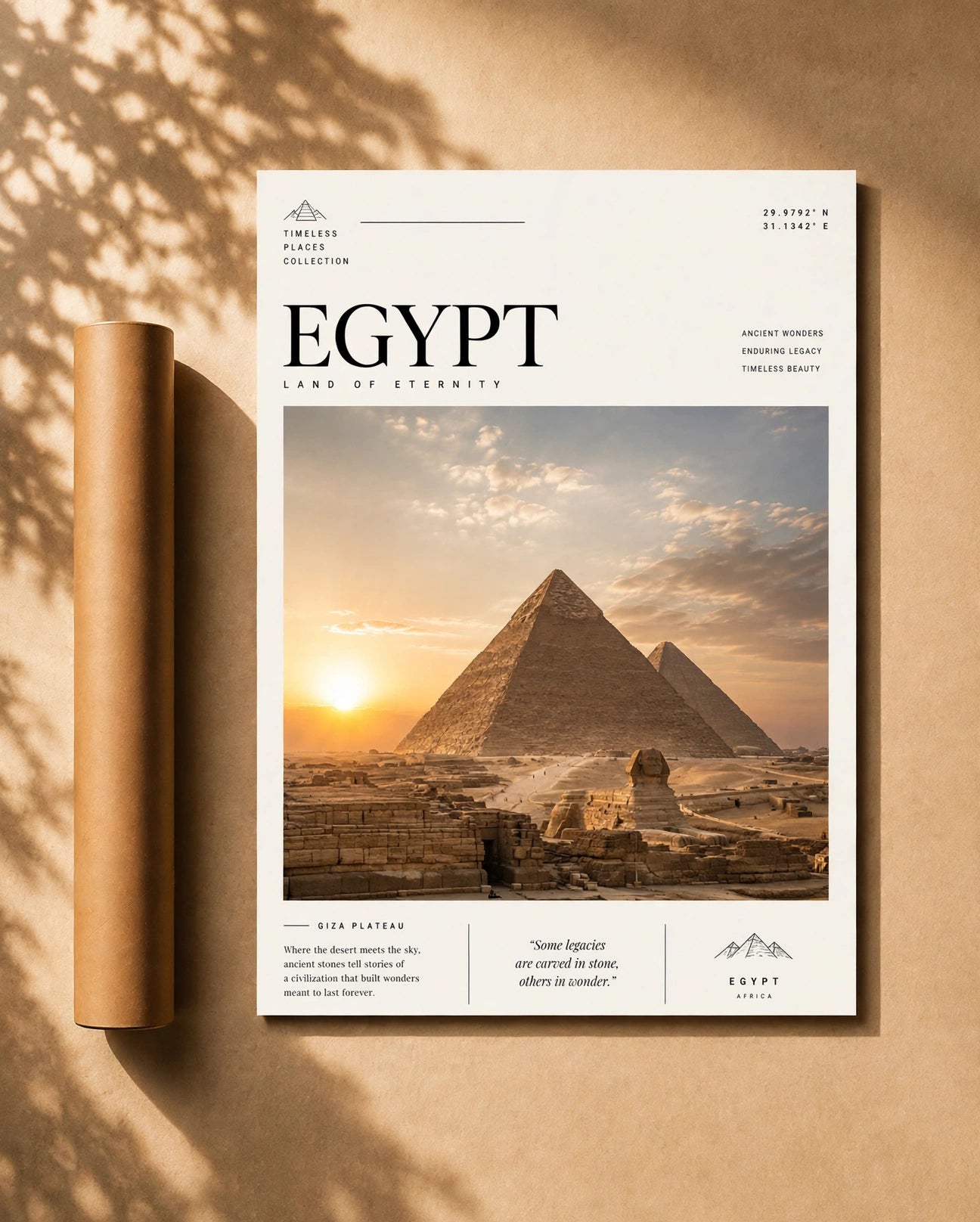 Patagonia Travel Print poster with EGYPT pyramids at sunset and small fact text