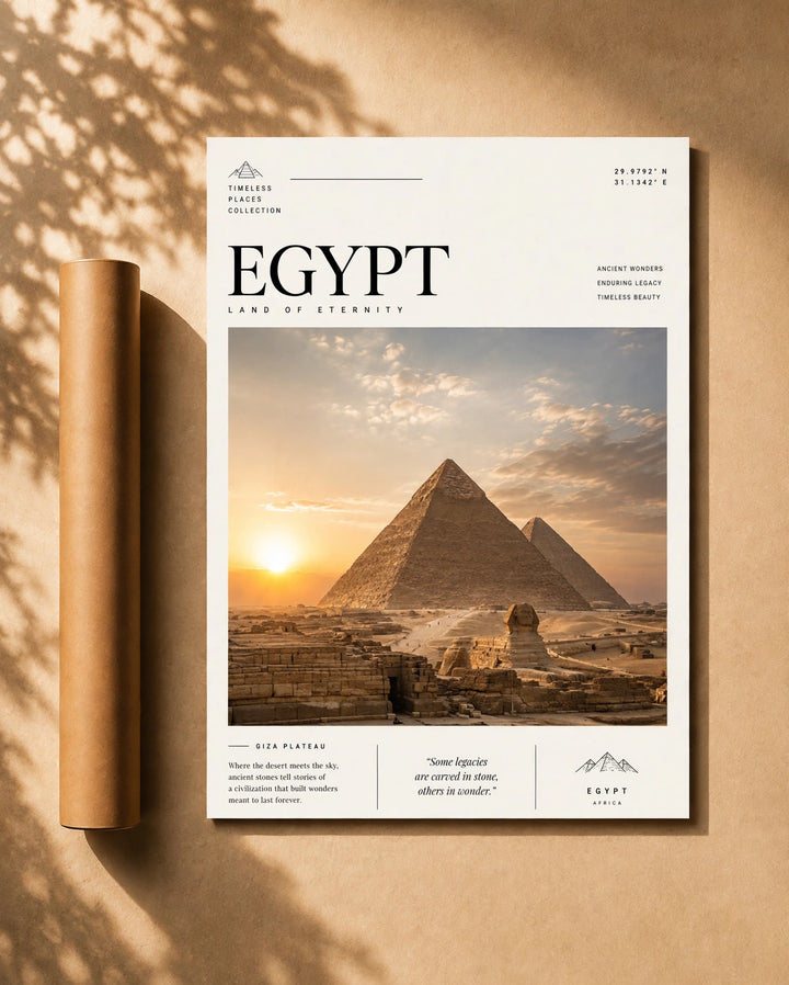Patagonia Travel Print poster with EGYPT pyramids at sunset and small fact text