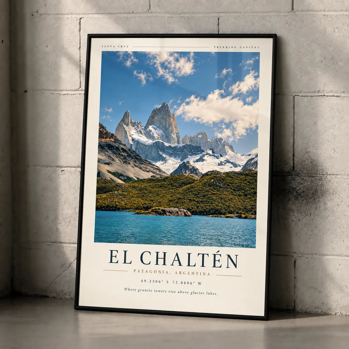 Black-framed El Chalten art print with mountain, lake, and sky landscape