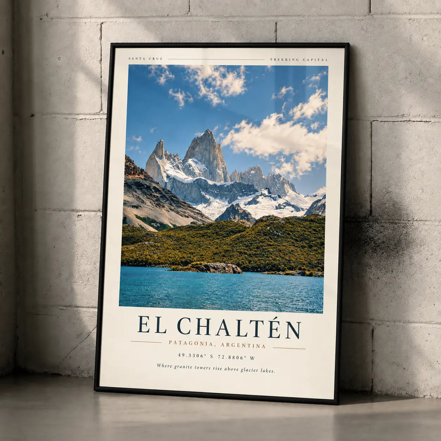 El Chalten Art Print featuring dramatic Patagonia peaks, turquoise water and an expansive blue sky with white clouds