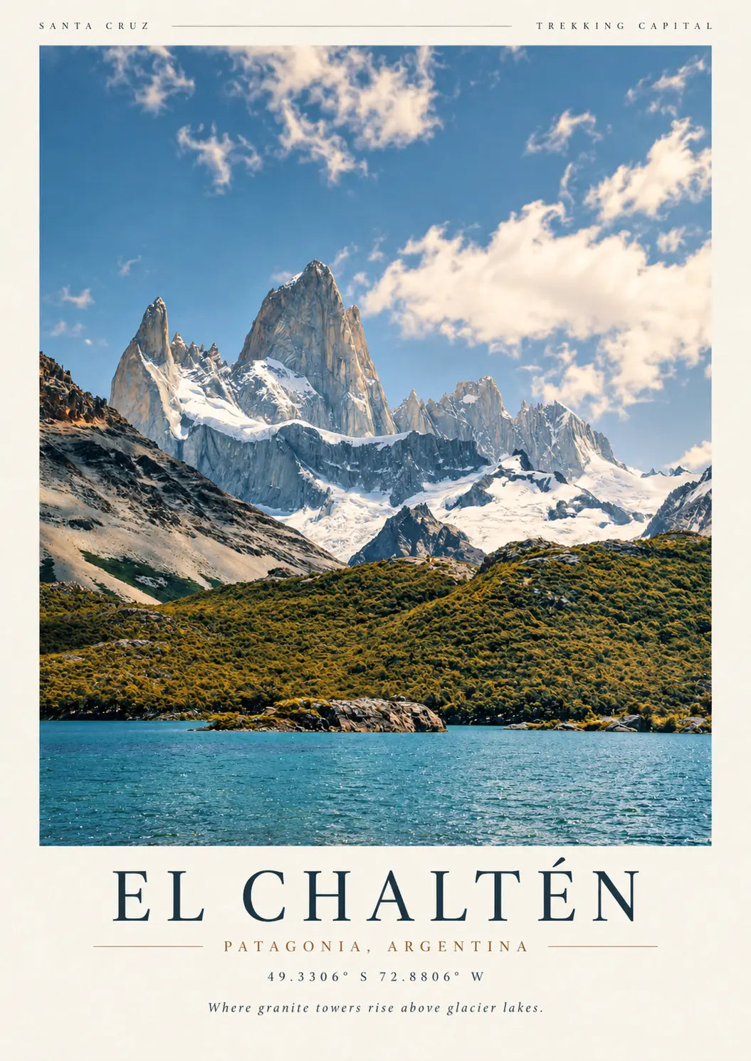 El Chalten Art Print showing sharp Patagonian peaks rising behind a peaceful blue lake and open grassland