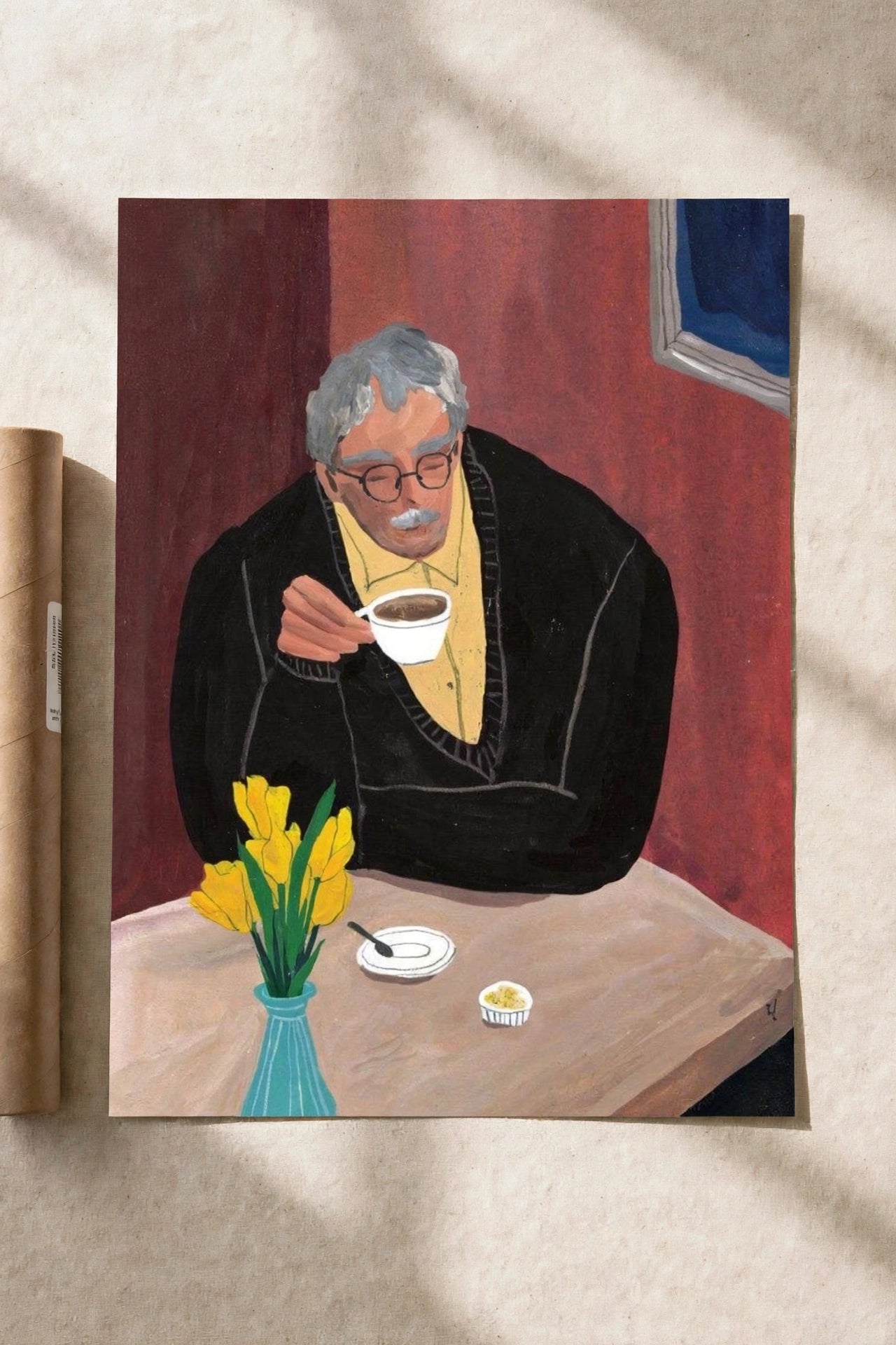 Coffee Hour art print with an older woman holding a cup, table and yellow flowers