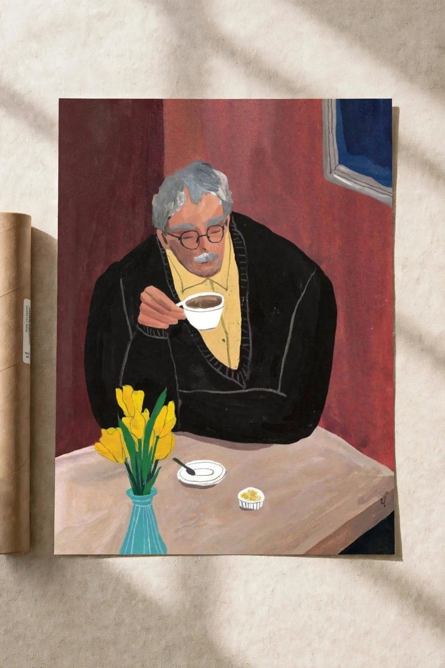 Coffee Hour art print with an older woman holding a cup, table and yellow flowers