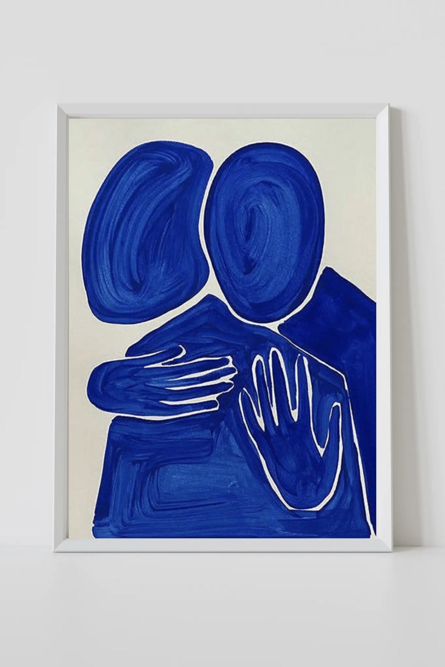 Impresión enmarcada abstracta minimalista azul con dos formas ovaladas y manos alzadas