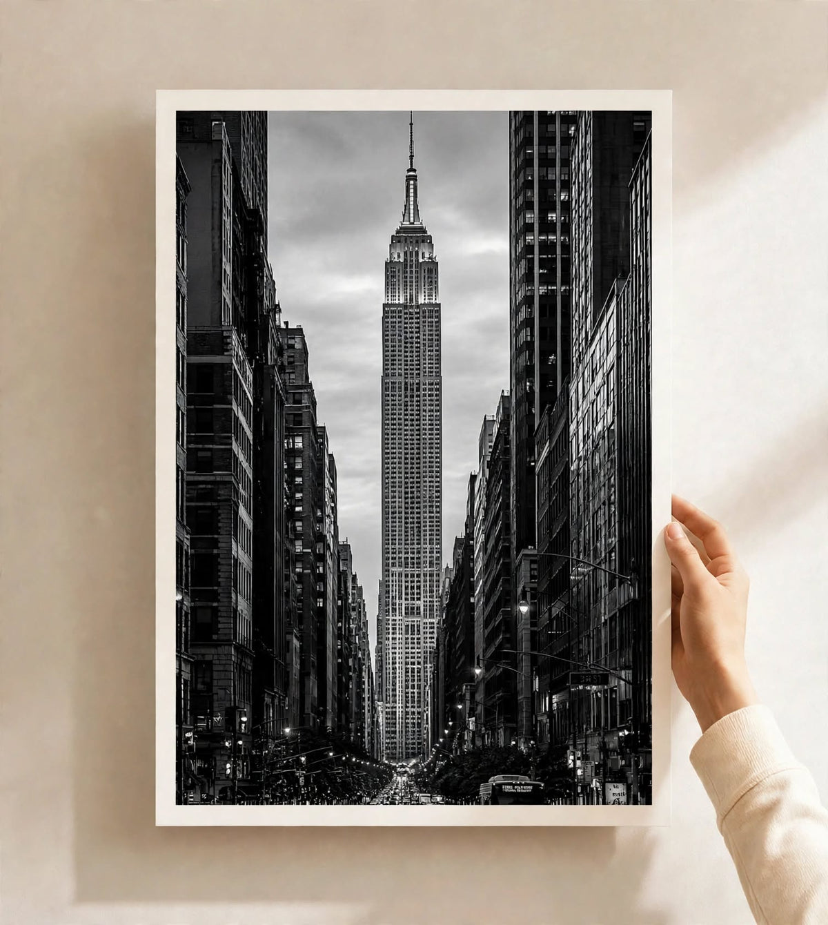 New York Street Photography Art Print shown as a monochrome poster with iconic New York architecture