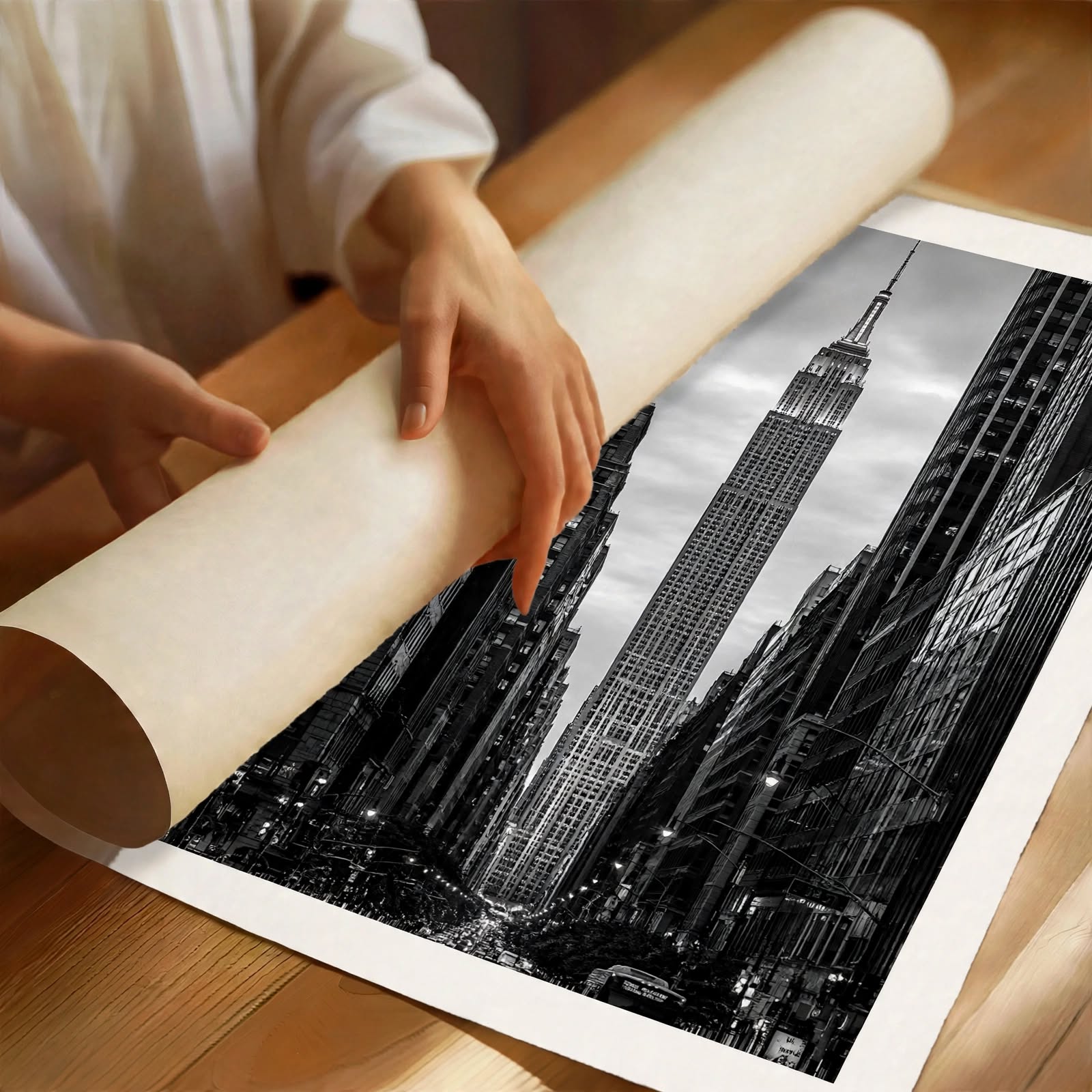 New York Street Photography Art Print featuring the Empire State Building framed by an urban street canyon