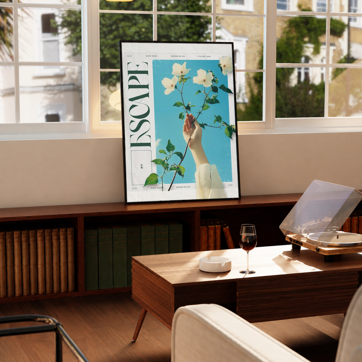 Floral poster in black frame, with a hand holding white flowers on a blue field