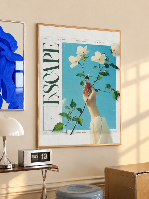 Floral poster in light wood frame, with a hand holding white flowers on a blue background