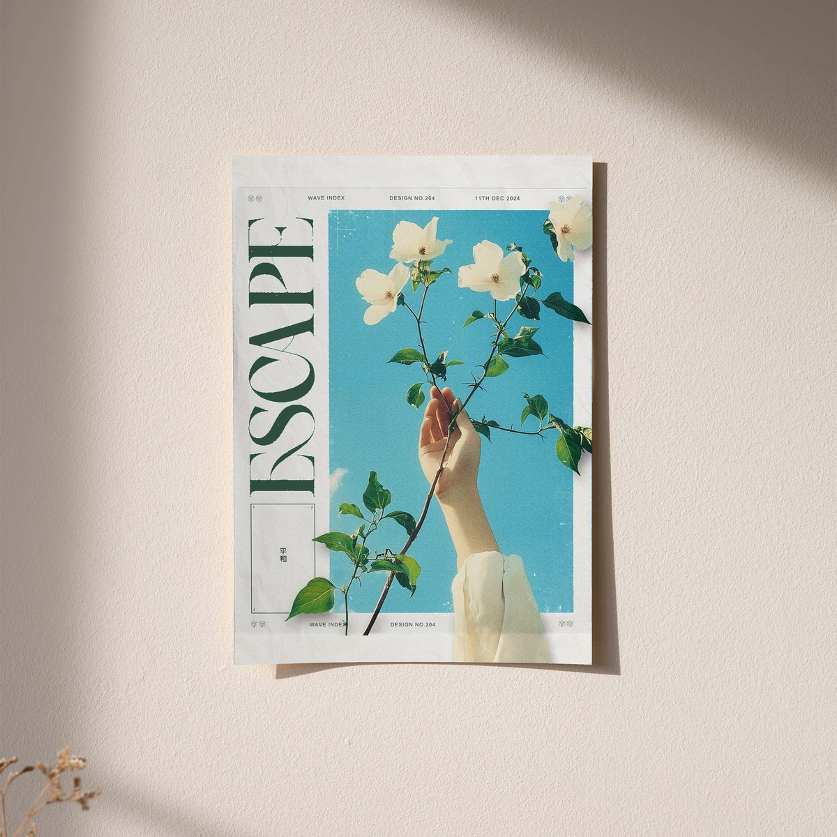 Floral poster print on wall, with a hand holding white flowers over blue