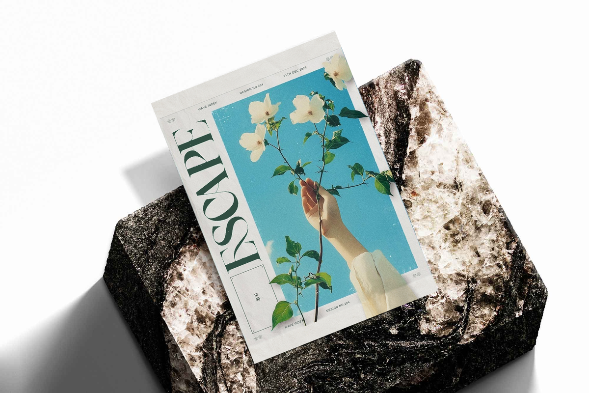 Floral poster print with a hand holding white flowers on blue, placed on dark stone