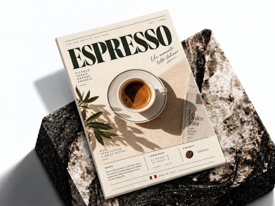 Espresso coffee kitchen poster shown as a premium art print mockup