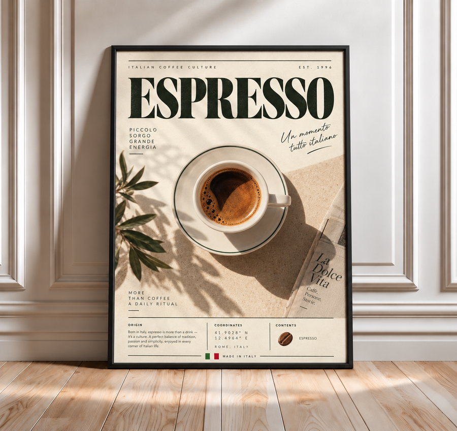 Espresso coffee wall art displayed in a warm modern kitchen and cafe interior