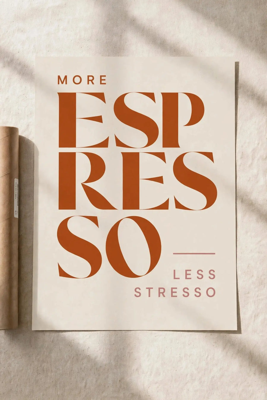 Amber Brew espresso poster with bold 'MORE ESPRESSO' and 'LESS STRESSO' text